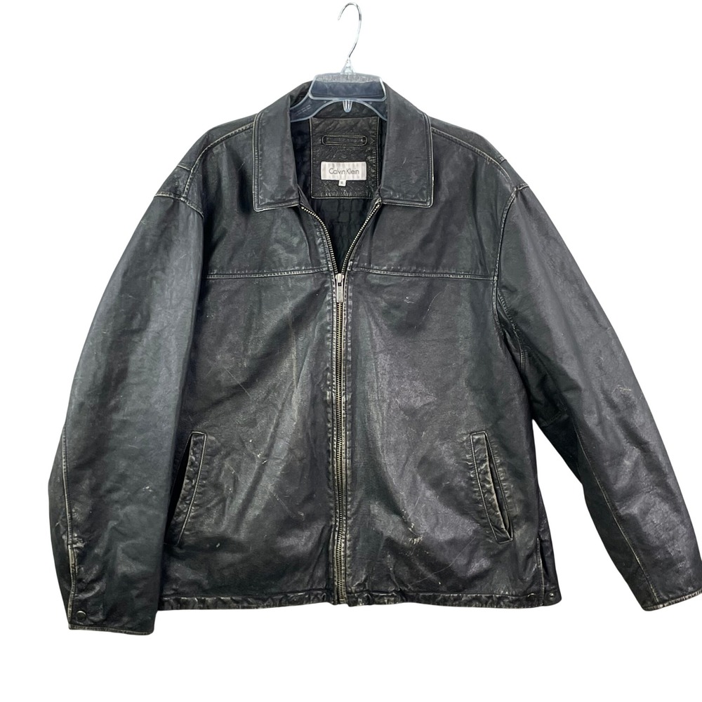 Calvin Klein Leather Jacket Men XL Black Vintage Distressed Full Zip Heavyweight
